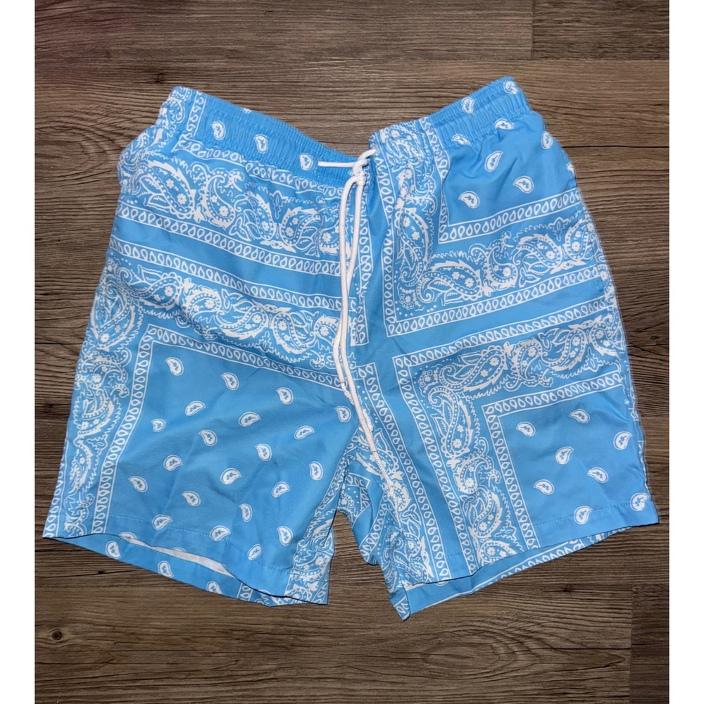 SHEIN Mens Blue Bandana Paisley Print Swim Trunks Shorts Size Small